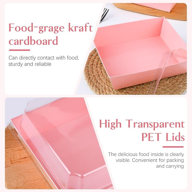 Pink Paper Charcuterie Boxes Clear Lids 5 Inch Square Cake Slice 50 PCS gallery
