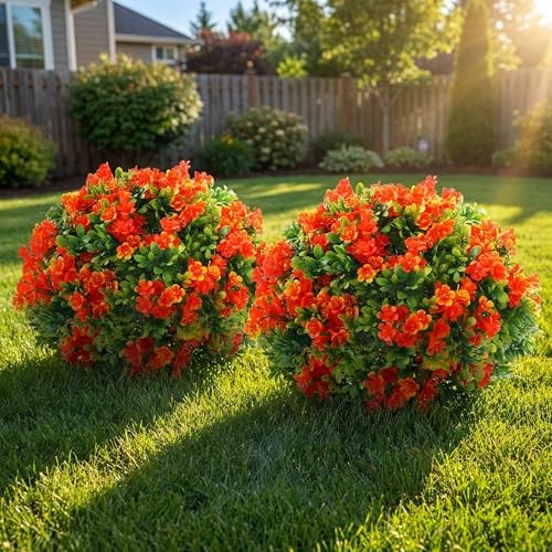 2 Pcs Artificial Morning Glory Topiary Balls Tree with Spike – UV 24 Inch Red