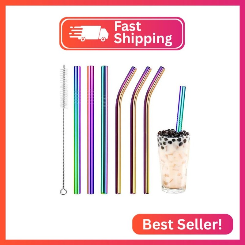 Vinaco Reusable Smoothie & Milkshake Straws, 0.5'' Wide Stainless Steel, 10.5''