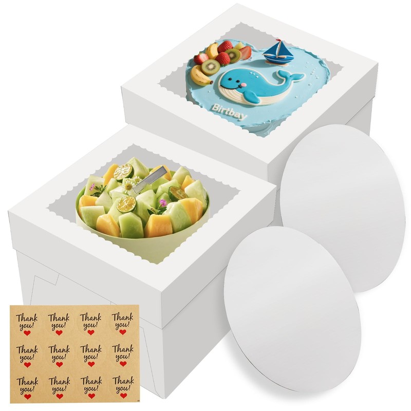 2 Pack Cake Boxes, 12x12x8 Inches Tall Cake Box with Cake Boards, White Baker…