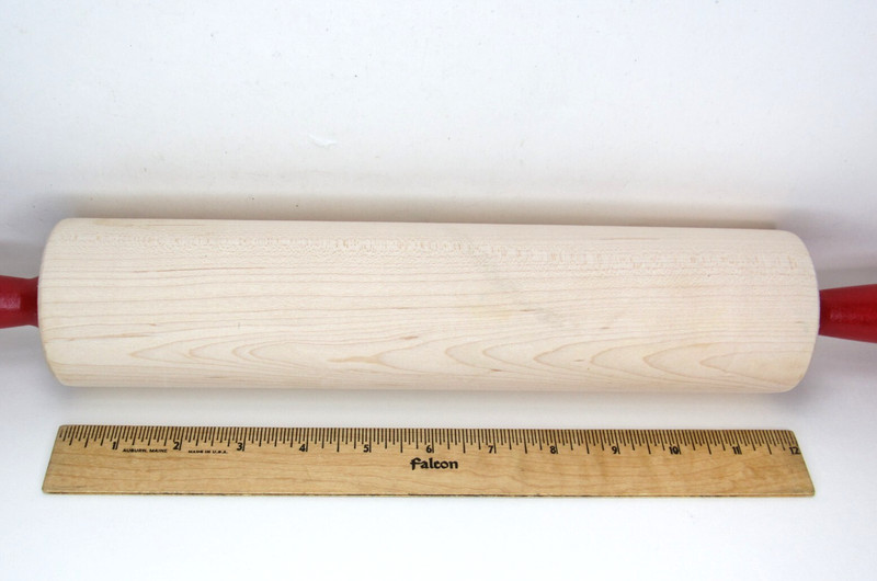 RARE King Arthur Flour Baking Wooden Maple Rolling Pin Wood Red Handles Kitchen gallery