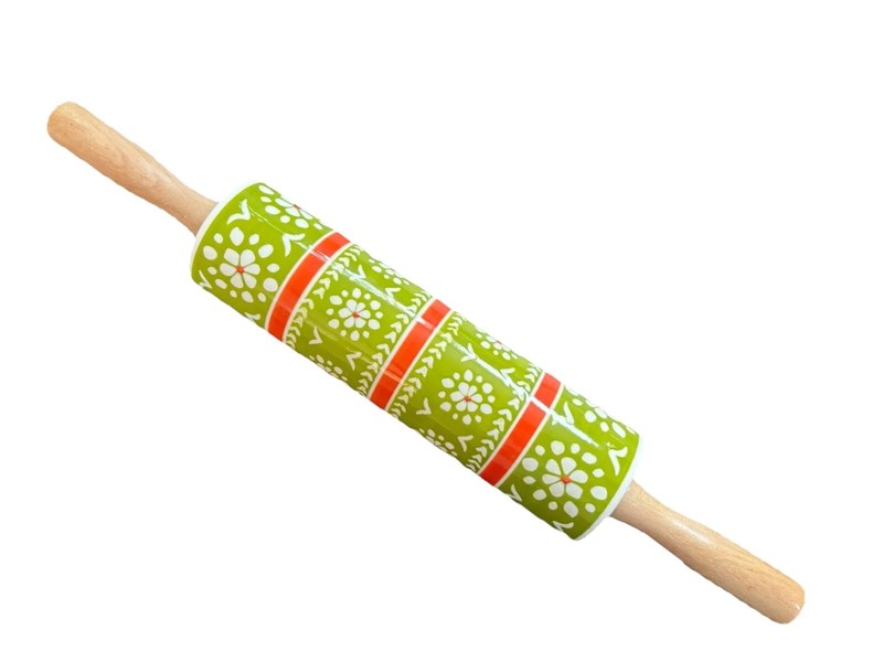 Anthropologie Rolling Pin Floral Green Orange Ceramic Maple Handles 18″