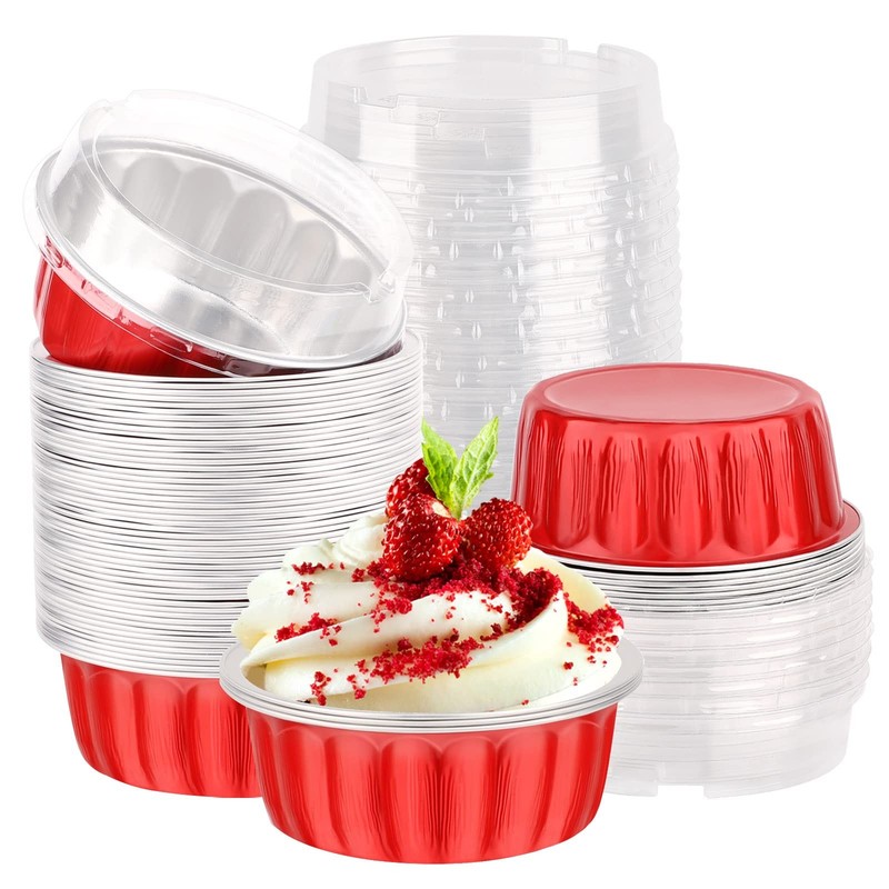 8oz Aluminum Foil Ramekins 50 Pack with Lids for Cupcakes Creme Brulee Red