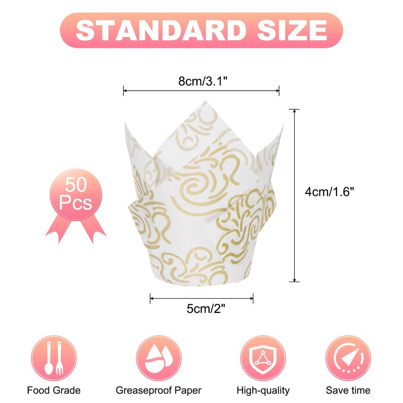 50Pcs Tulip Baking Cups Cupcake Muffins Liners Paper White/Gold gallery