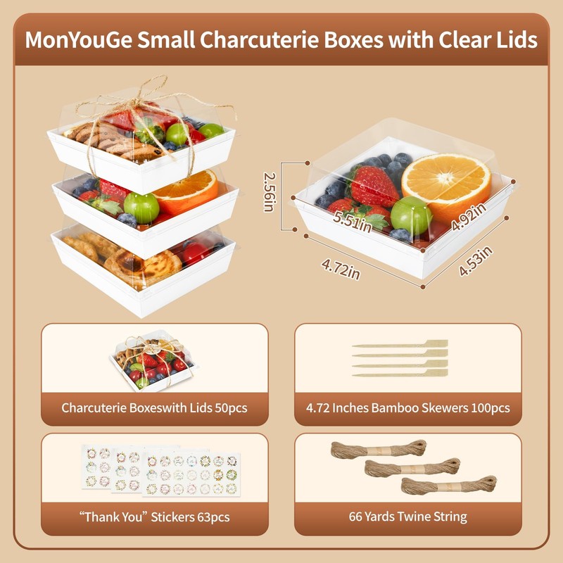 5 Inches Small Charcuterie Boxes with Clear Lids and Bamboo Skewers, 50 Pack ... gallery
