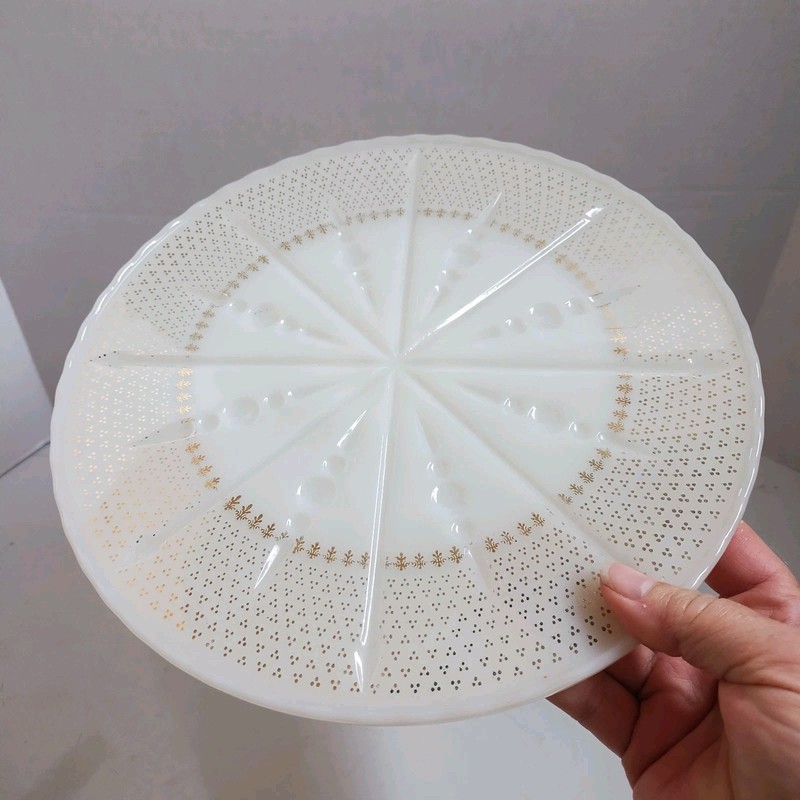 Anchor Hocking Ivory Milk Glass Cake Stand Pedestal Gold Trim MCM Starburst