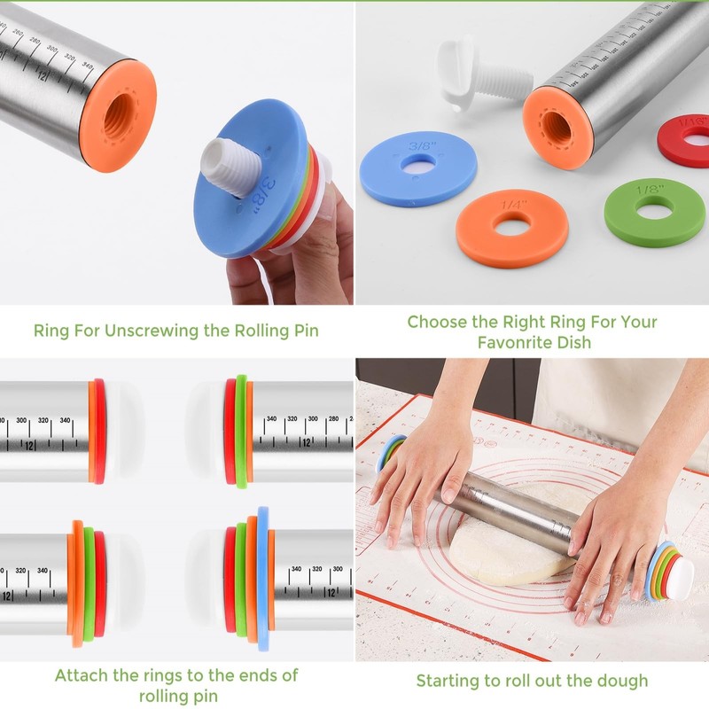 Rolling Pin nonstick and Silicone Baking Pastry Mat combo kit, Adjustable Rol... gallery