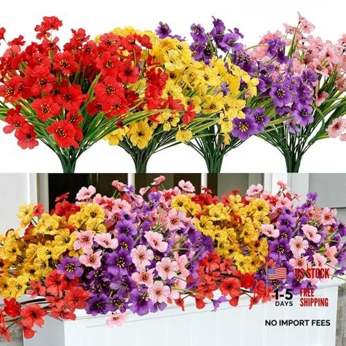 Artificial Mums Flowers for Outdoors, 16 Bundles UV 16PCS Mix 4 Colors