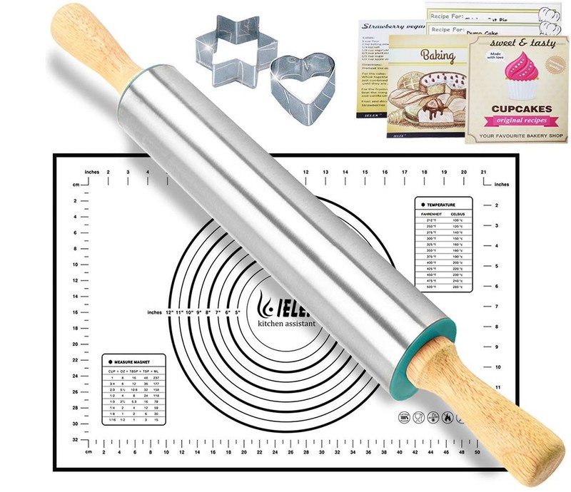 Rolling Pin Nonstick And Silicone Baking Pastry Mat Combo Kit Dough Rollers For