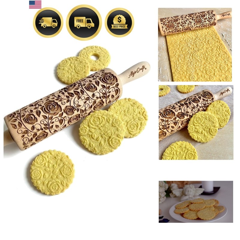DAMASCUS ROSES Embossed Rolling Pin Wooden Embossing Dough Roller for Cookies…