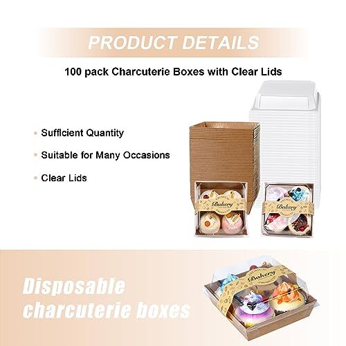 100 Pack Charcuterie Boxes With Clear Secure Lids 5.3x4.9x2.5 Inches Brown Squar gallery