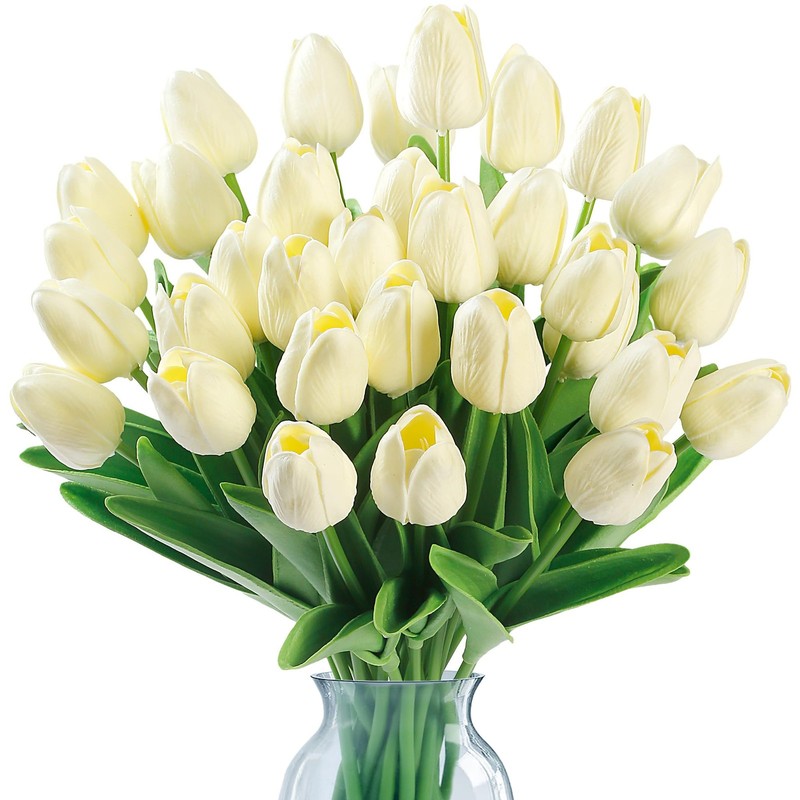 Sggvecsy 15 Pcs Fake Tulips Artificial Flowers Real Touch 15 Pcs, Milk White