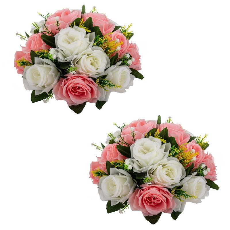 LANLONG 2 PCS Fake Flower Ball Arrangement Bouquet, 15 2 Pieces, Pink&white