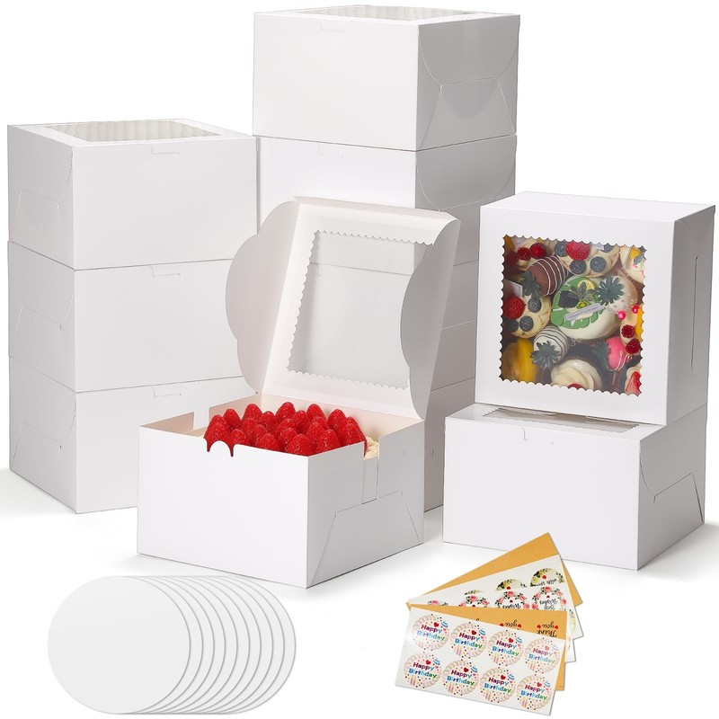 50 PCS 8x8x5 Inch White Bakery Cake Box Window Container Dessert Pastry