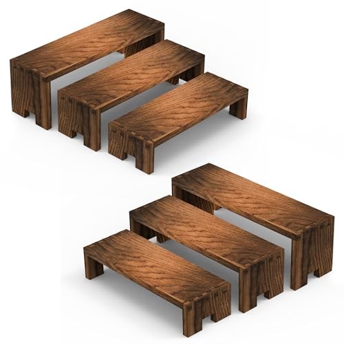2 Set Wood Display Risers Small Wooden Stand 3 Tiered 6Pcs Small/2Pack Brown