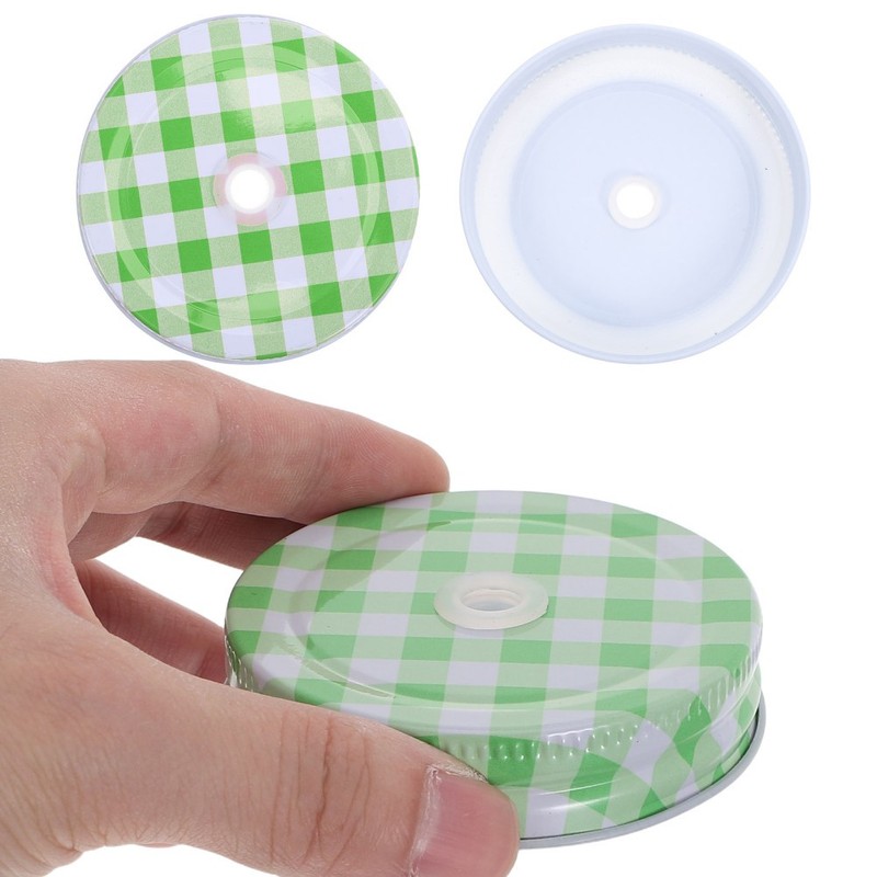 10pcs Mason Jar Lids with Straw Hole, Green Gingham Checkered Regular Mouth gallery