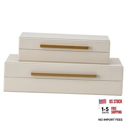 Set of 2 Beige Shagreen Decorative Storage Boxes 14.2 in Beige+Gold Handles