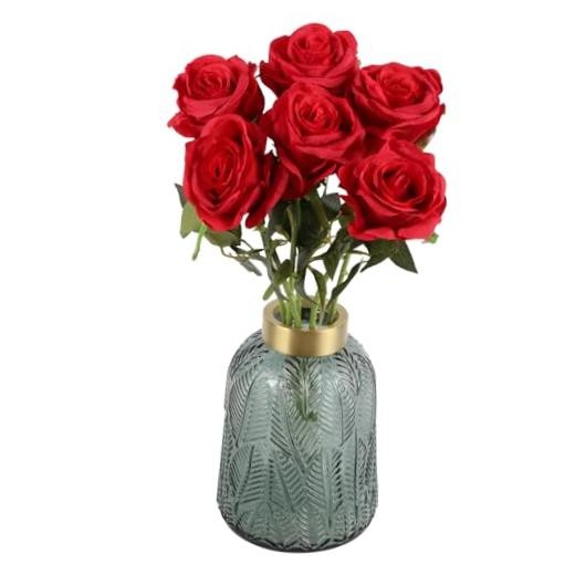 6PCS Silk Lop-Sided Rose Artificial Flower with Long Stem Fake Leaf Deep Red gallery