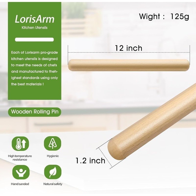Natural Beech Wood Rolling Pin Tapered Kitchen Baking Dough Tool 11.5 Inch New gallery