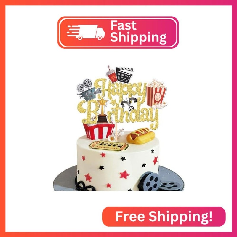 1 PCS Movie Happy Birthday Cake Topper Glitter Roll Camera Video Recorder Popcor