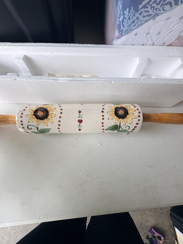 Ceramic Rolling Pin Sunflowers Green Leaves Wood Handles Baking Dough Country gallery