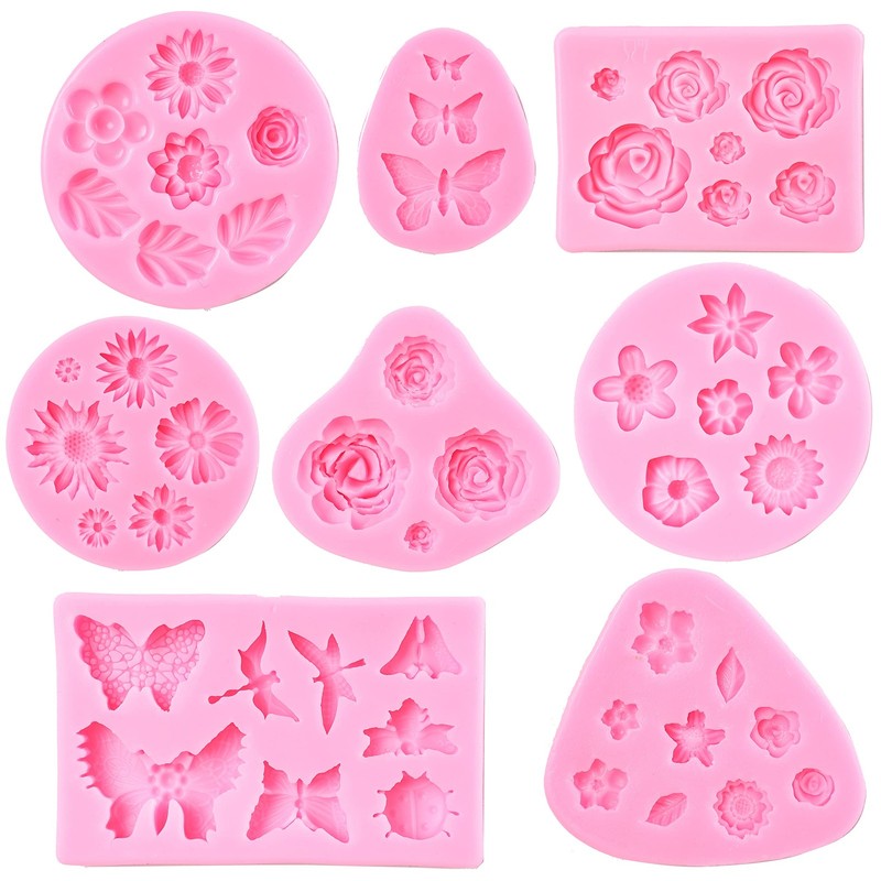 Flower Fondant Molds – 8 Pcs Flower and Butterfly Candy Silicone Molds for Choco