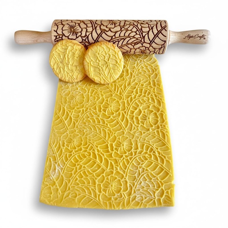 DOILY Embossing Rolling Pin with Flowers Pattern. Dough and Clay Roller for E…