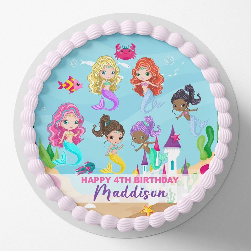 Mermaids Mermaid Under The Sea Pre-cut Round Edible Icing Cake Topper