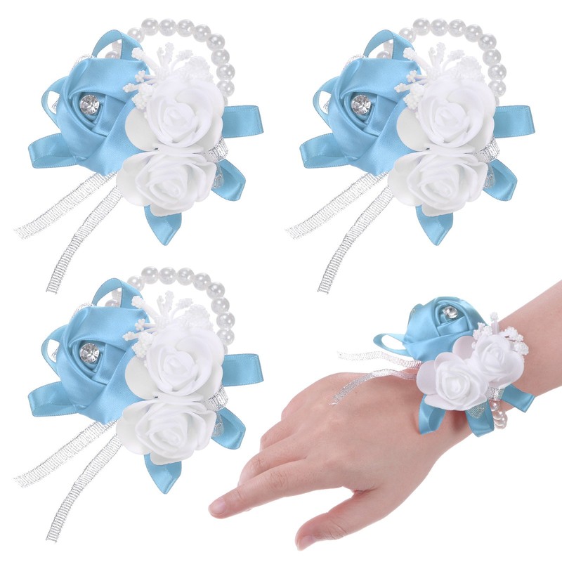 3-Pack Pearl Corsage Wristlet Bracelet for DIY Corsage Supplies [Sky Blue]