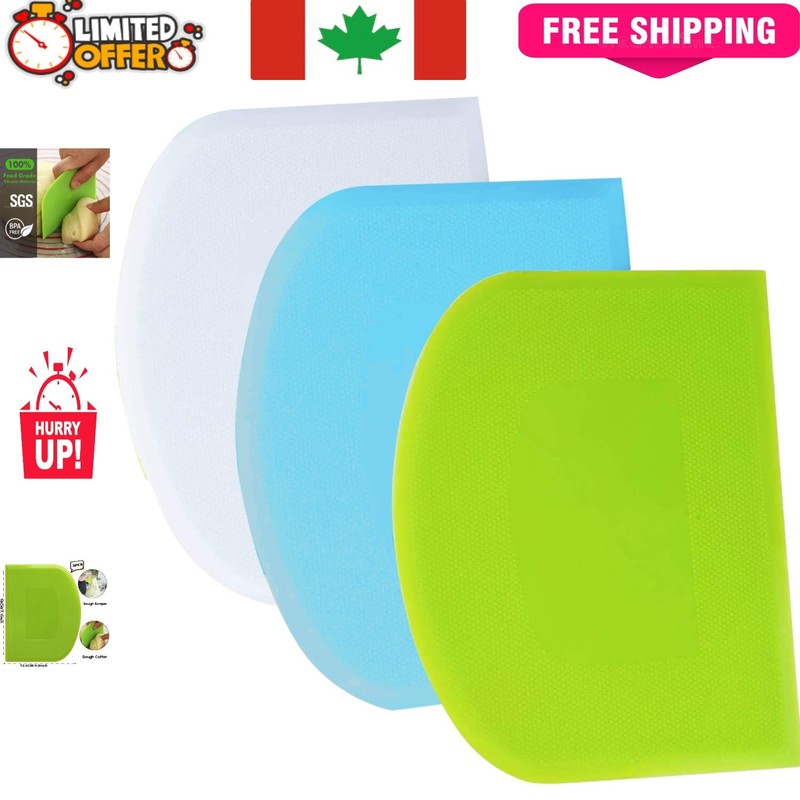 3-Piece Flexible Dough Scraper Set – Plastic Baking Tools in Green, Blue, White
