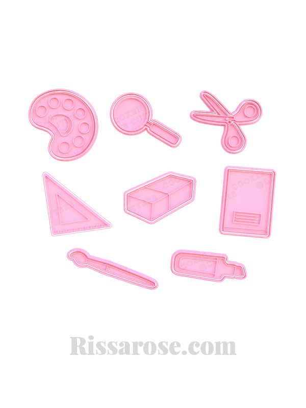 School elements cookie cutter stamp – art brush, paint pallet, notebook, scissor
