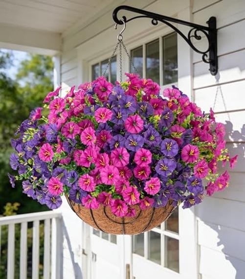 Artificial Faux Hanging Flowers Plants Basket - Spring Summer - Purple-Fuchsia gallery