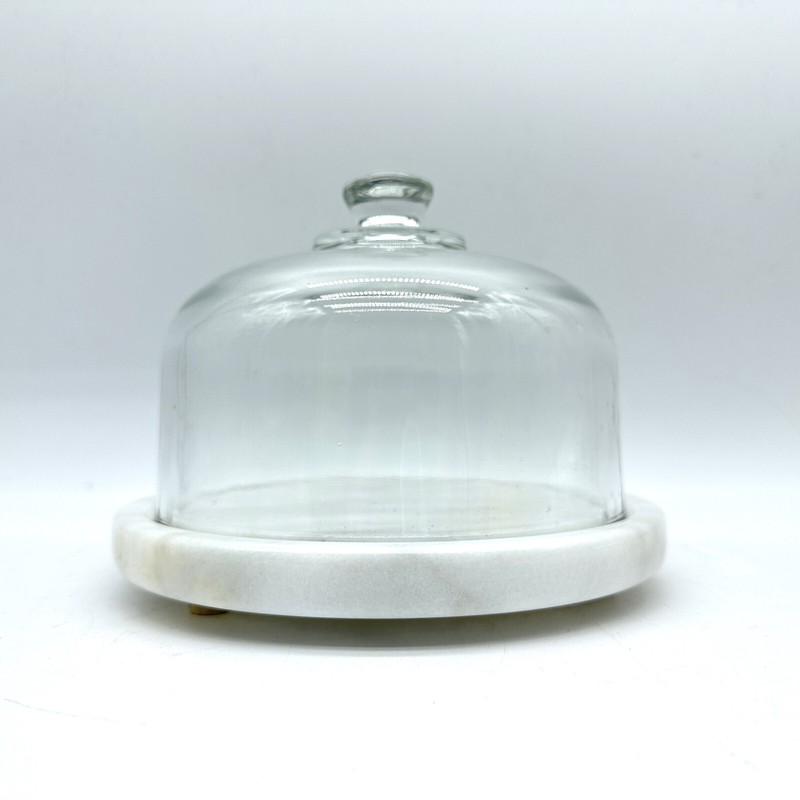 Vintage Good Wood Mini Cheese Dessert Stand Marble Base Glass Dome