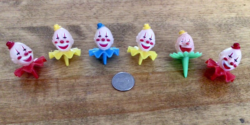Lot of 6 VTG Clown Cake/Cupcake Toppers, Plastic, Red-Blue-Yellow-Green, 2” Tall