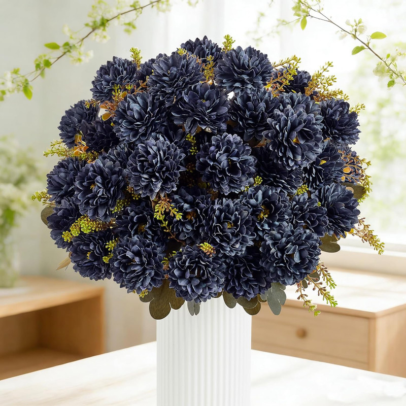 18 Heads Blue Black Artificial Chrysanthemum Flowers Fake Mums Blue Black Kiku G