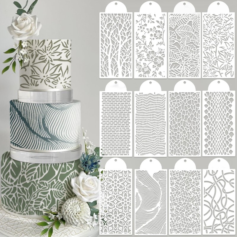 12 Pcs Cake Stencils Cake Templates Set Floral Leaf Linear Stripe Lace Irregu…