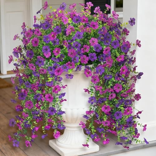 2Pcs Fake Hanging Flowers for Outdoor Decoration Artificial Purple Deep Purple