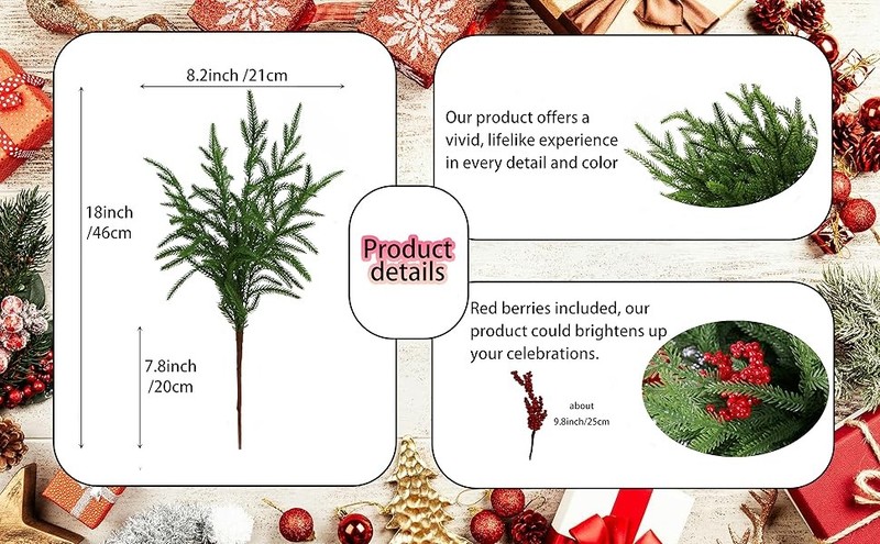 12 Pcs Artificial Norfolk Pine es with 8PCS red Fruits 18" Plastic gallery