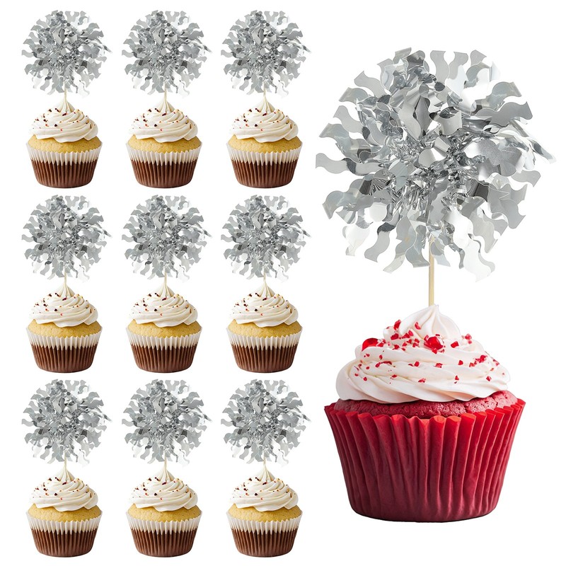 50Pcs Firework Cupcake Toppers Sparkle Tassel Picks Silver