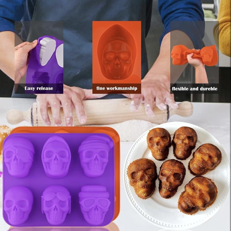 Large Halloween Skull Silicone Cake Mold 2 Pieces 6 Skulls on each Baking Mold gallery