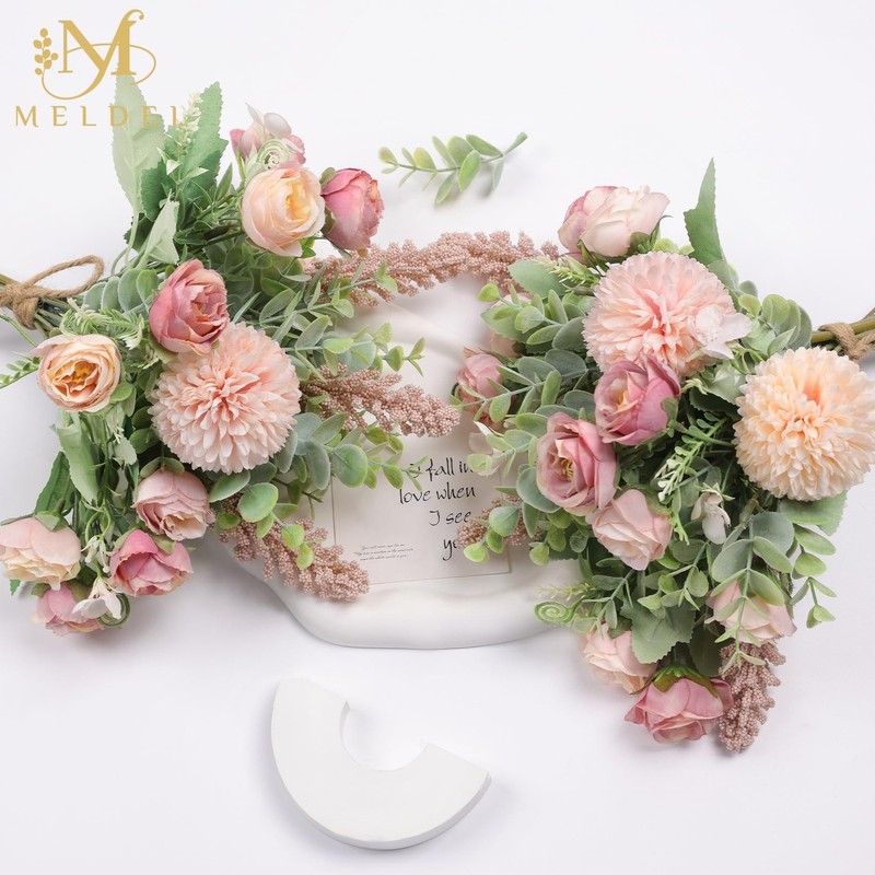 Meldel 3Pcs Rose Bouquet Pink Artificial Flowers Eucalyptus Plants Fake Silk gallery