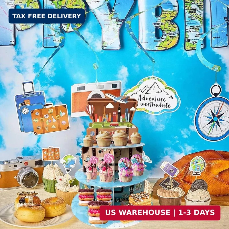 3 Tiers Travel Themed Cupcake Stand Treat Display Cake Holder for Adventure Awai gallery