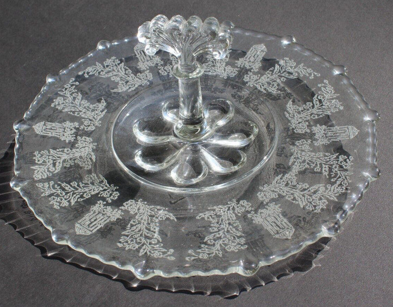 Vintage Victorian Floral Glass Etched Dessert Serving Plate W/ Handle 11.5" gallery