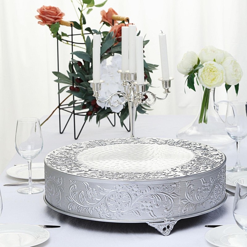 18" Silver Embossed Metal Cake Stand Round Wedding Dessert Display Pedestal gallery