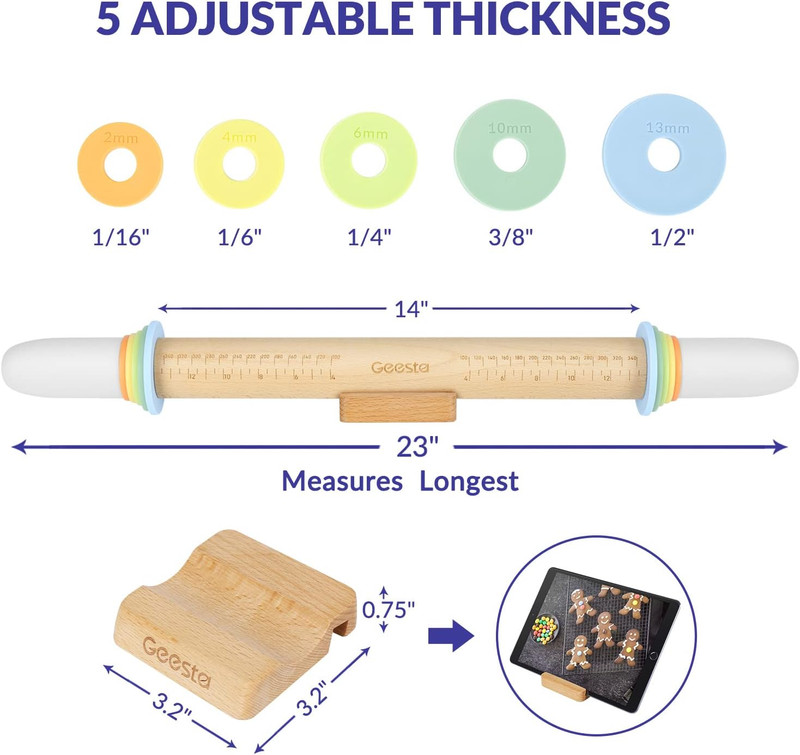 Geesta Adjustable Wood Rolling Pin with 5 Thickness Rings, Precise Dough Roller gallery