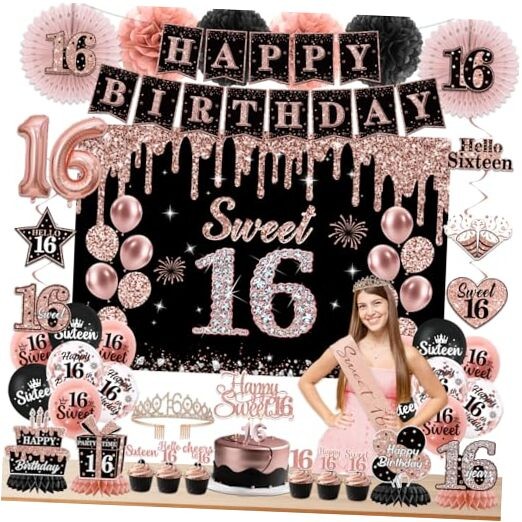 Sweet 16 Party Decoration for Girls Happy Birthday Decorations Black Rose 16th