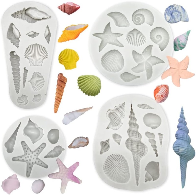 4 PCS Marine Theme Cake Fondant Silicone Mold Seashell Conch Starfish Gray