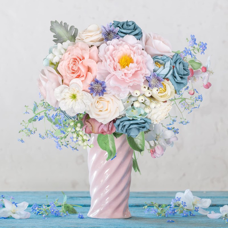 Amyhomie Blue Pink Artificial Flowers Combo Silk Mix Peony Rose Hydrangea Daisy gallery