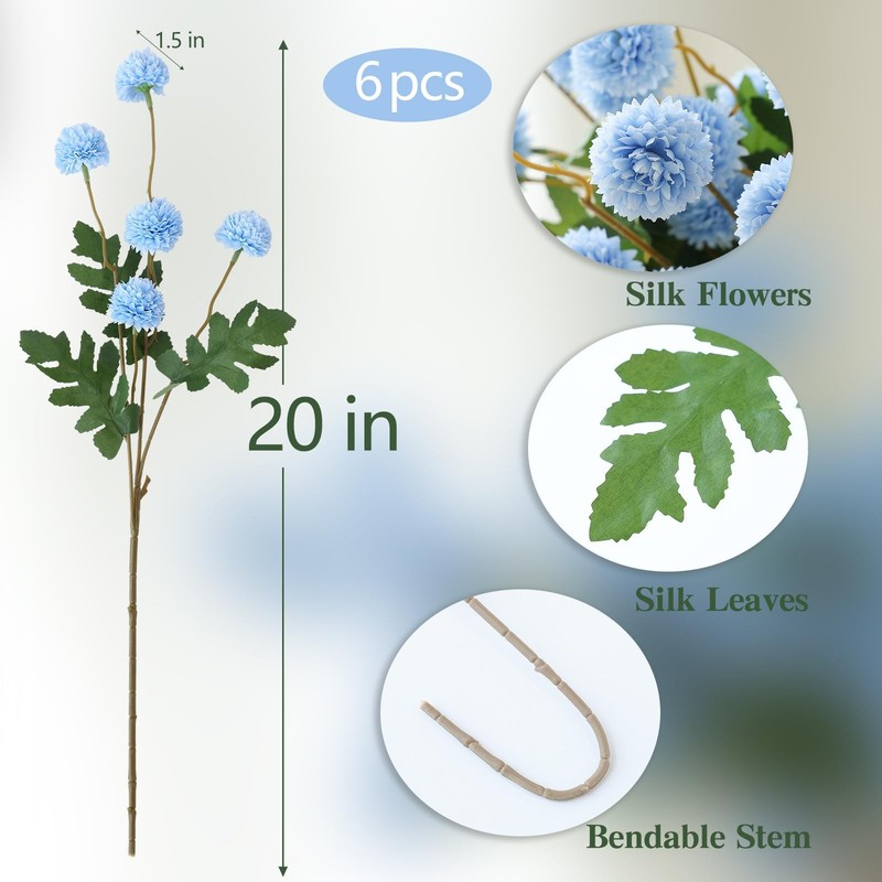 Mizii 6Pcs Blue Fake Silk Pompon Mum Artificial Flowers Bulk Small Faux gallery