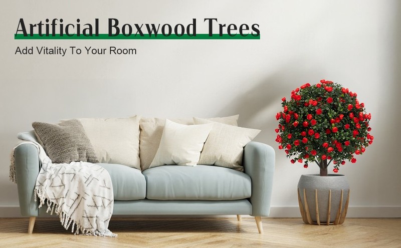 Set of 2 Artificial Boxwood iary Ball Trees with Red Flowers for gallery